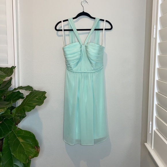 David’s Bridal Y-Neck Ruched Bodice Short Dress 4 - Picture 2 of 14